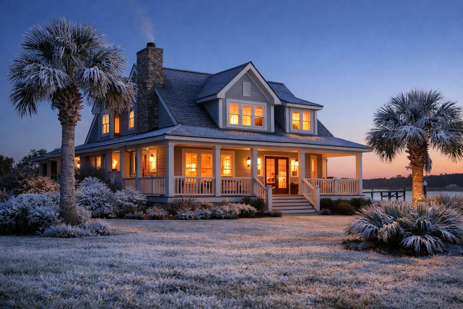 North Carolina home at dusk with frost on the lawn